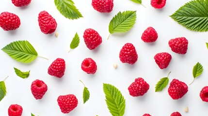 Tasty ripe raspberries and green leaves on white background, flat lay 