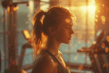 Cheerful girl in gym doing exercise.,Woman exercising in a gym with a clean, bright and cozy background, warm tones.