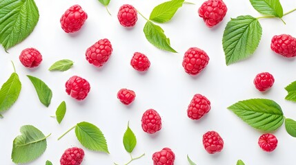 Tasty ripe raspberries and green leaves on white background, flat lay 