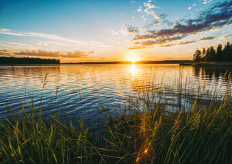 Fototapeta na wymiar Beautiful sunset over the lake Beautiful summer landscape with sunrise over the lake