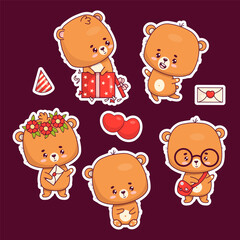 Cute bears sticker set. Teddy in gift box, joyful and smart bear cub in glasses and girl in flower wreath. Isolated funny animals kawaii character. Vector illustration. Kids collection.