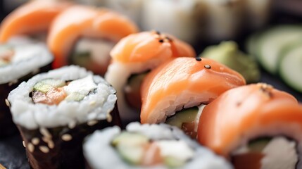 Sushi rolls close up with salmon avocado and cucumber. Creative Banner. Copyspace image