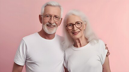 Obraz premium portrait of an old couple smiling candidly, wearing a plain white t-shirt, isolated on a plain light pink colored background, detailed facial expression, studio lighting 