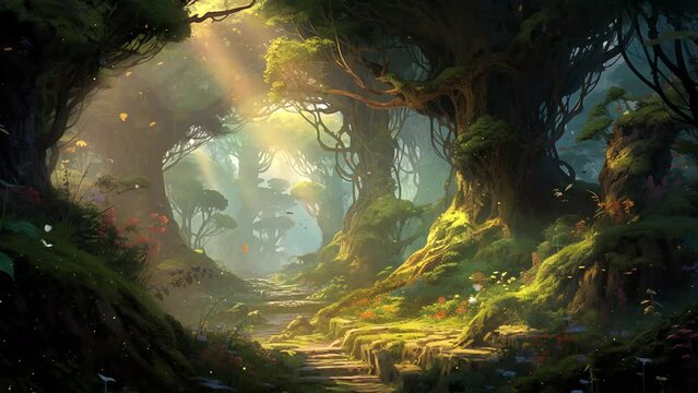 morning in the forest fantasy landscape. seamless looping overlay 4k virtual video animation background 