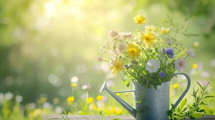 Spring concept. A bouquet of wildflowers in a watering can on a blurred background.