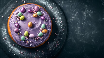 Sponge cake with violet icing and decorations in shape of small multi-colored Easter eggs on dark...