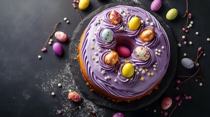 Sponge cake with violet icing and decorations in shape of small multi-colored Easter eggs on dark background, concept
