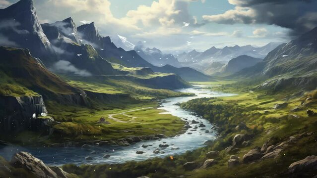phantasy landscape fantasy landscape. mountain with river. nature landscape. seamless looping overlay 4k virtual video animation background 