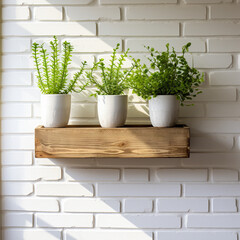 Modern white brick wall with shelves and houseplant. Wooden decorative plant pot on white brick wall.