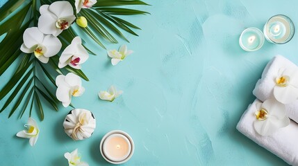 Spa Ambiance Flat Lay with Orchids on Turquoise Background