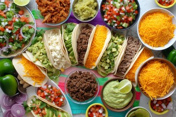 A top view of a DIY taco night with various fillings, toppings, and sides spread out on a colorful table, inviting a fun and interactive dining experience