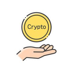 Cryptoの文字とコインを持っている人の手 - 仮想通貨･暗号通貨･トークンのイメージ素材