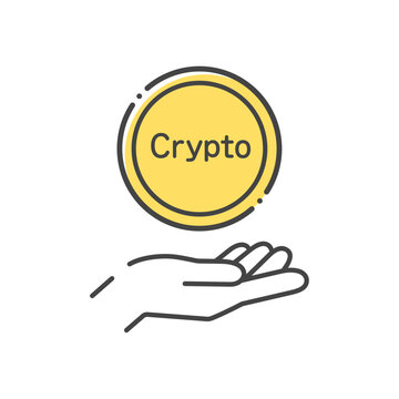 Cryptoの文字とコインを持っている人の手 - 仮想通貨･暗号通貨･トークンのイメージ素材