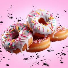 Donuts with sprinkles flying on transparent background. PNG. sweet doughnut fly on white background