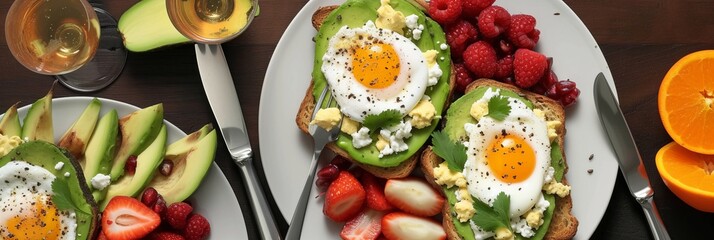 A top view of a vibrant brunch scene with avocado toast, poached eggs, fresh fruit, and mimosas,...