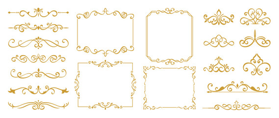Luxury gold ornate invitation vector set. Collection of ornamental curls, dividers, border, frame, corner, components. Set of elegant design for wedding, menus, certificates, logo design, branding. - 733619689