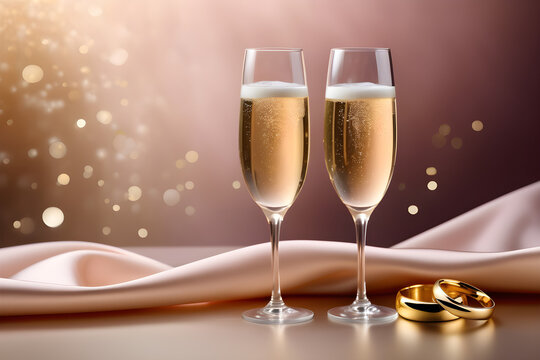 Two cups of champagne with effervescent bubbles, resting beside intertwined golden rings, against a soft-focus, blush-toned backdrop. Generative AI