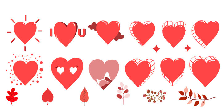 heart for valentine day, card,poster, types of red heart, broken heart,i lvu heart,leaf,flower, heart and cloud. vector isolated