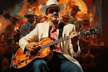 Obraz premium Mesmerizing painting capturing the essence of a talented man engrossed in playing a soulful melody on his guitar.