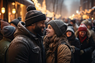 Obraz premium Amidst a bustling crowd on a snow-laden evening, a couple finds warmth in a joyous embrace, sharing laughter that pierces the winter chill.
