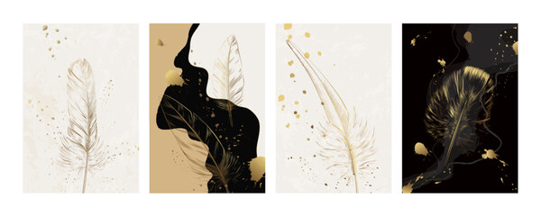 Gold feathers. Golden elegant bird art pattern. Graphic wallpaper texture. Abstract simple paintbrush. Foil paint spots. Fly fluffy quills. Wing plumage. Vector design backgrounds set