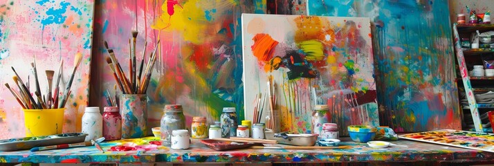 A vibrant art studio with canvases, paintbrushes, and a splash of various colors, showcasing creativity and artistic expression