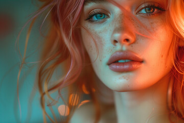 Close up studio shot of beautiful young woman,posing against light wall with positive face expression
