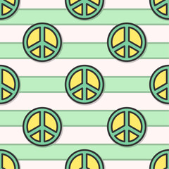 Pacific hippie vector seamless pattern. Green and yellow signs with black outline on striped background.
