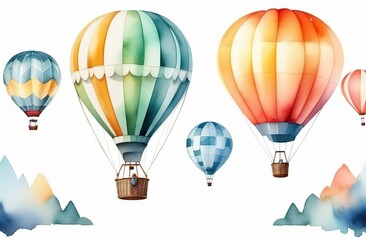 Cute Hot air balloon set. Watercolor retro childish illustrations isolated on white. 