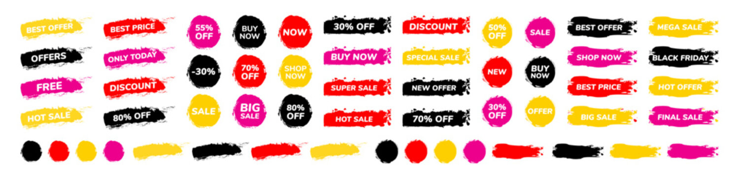Price tags. Sale brush label design. New discount sticker. Paintbrush badge for special offer lettering. Promotion banner. Paint spot signs. Ink splash shapes. Vector shopping icons set