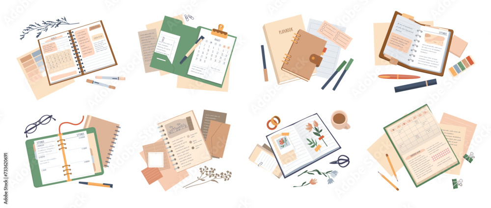 Poster Opened books. Organizer top view. Office stationery. Calendar schedule. Paper journal. Notebook with herbarium flowers and memo notepaper. Diary or planner on table. Vector objects set