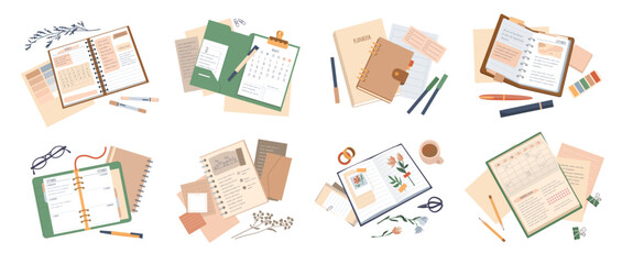 Fototapeta premium Opened books. Organizer top view. Office stationery. Calendar schedule. Paper journal. Notebook with herbarium flowers and memo notepaper. Diary or planner on table. Vector objects set