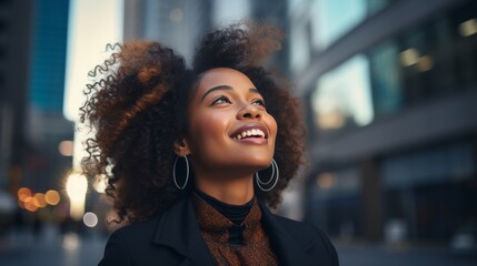 Successful black businesswoman pondering investment vision in city street at sunset