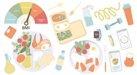 Healthy lifestyle set. Sport and diet plan elements collection. Food body mass index. Weight loss control. Vector flat illustration isolated on white background