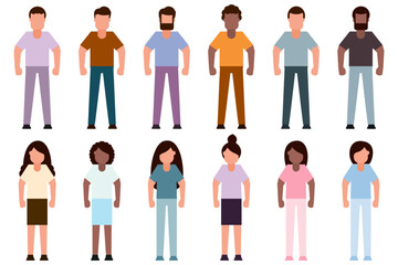 Set of diverse people isolated on white background. Different nationalities and dress styles. Vector illustration flat design style