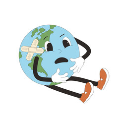 Hurt Earth mascot in retro style. Climate crisis. Cute planet character isolated on white background. Vector globe with face illustration