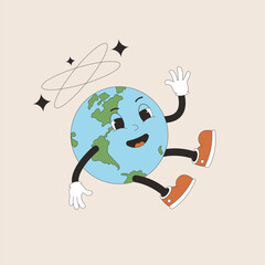 Sick Earth mascot in retro style. Climate crisis. Cute planet character with dizziness. Vector fallen globe with face illustration