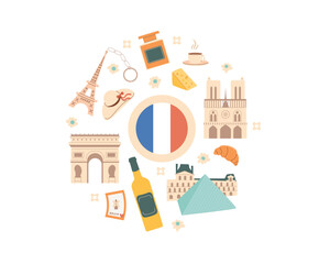 France elements circle composition. Point of interest and accessories. Tourism to Paris elements in round shape isolated on white background. Landmarks and symbols of country. Vector flat illustration