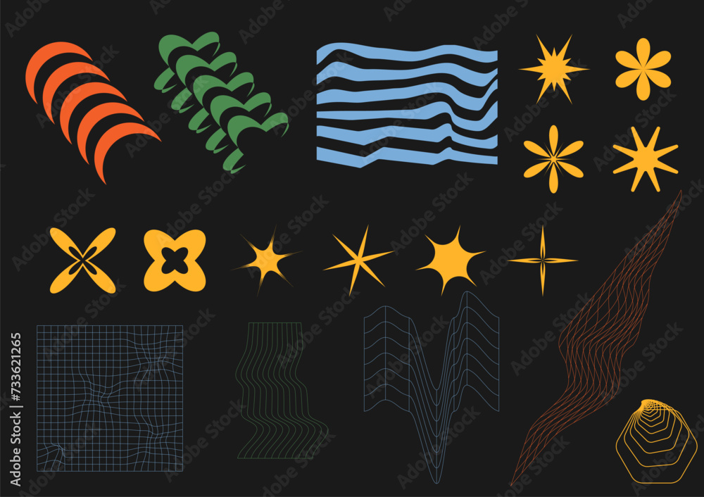 Poster retro futuristic set. collection of y2k shapes for nostalgic design. basic graphic form. vector figu