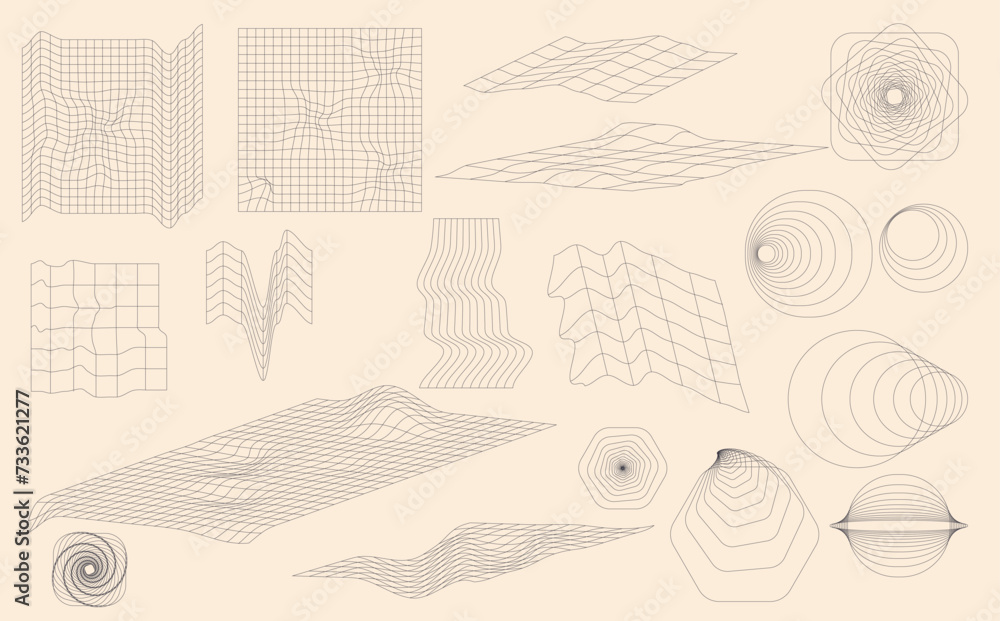 Poster abstract elements retro futuristic set. collection of y2k shapes for nostalgic design. basic graphic