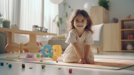 Fototapeta na wymiar Happy 3-year-old girl in light beige outfit playing with toys in cozy living room