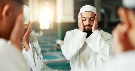 Faith, islamic or men in a mosque for praying, peace and spiritual care in holy religion for Allah....