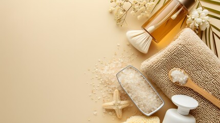 Preparation for spa. Compact toiletry bag with different cosmetic products, sea salt and towel on beige background, flat lay