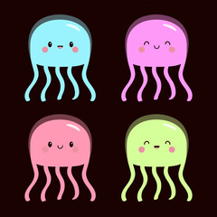 Four jellyfish icon set. Cute kawaii cartoon funny baby character. Smiling face. Pink blue, purple color. Sea ocean animal. Kids tshirt, sticker print. Black background. Flat design.