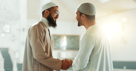 Muslim, handshake and people in mosque for greeting, conversation and respect in Islamic community....