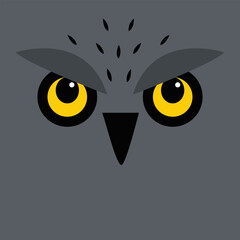 Owl face icon. Bird with big yellow eyes, beak nose, brows, fur. Cute eagle owl. Kawaii cartoon funny character. Forest birds collection. Flat design. Isolated. Gray background.