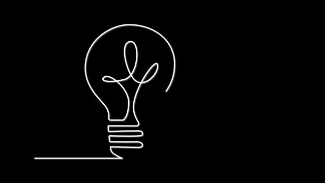 Light bulb, idea concept. Continuous line self drawing animation. Black background.