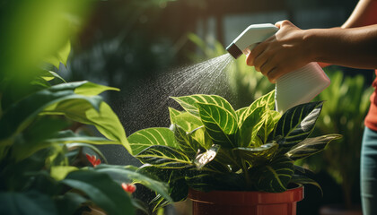 Female hands spray watering plants at home - obrazy, fototapety, plakaty