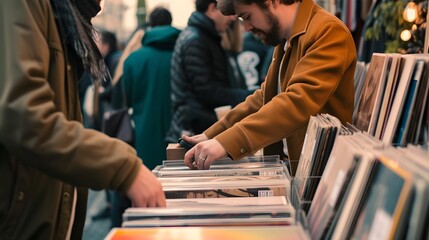 Pop-up vinyl record fair at Fête de la Musique drawing collectors and enthusiasts, showcasing a diverse range of music genres and rare finds - obrazy, fototapety, plakaty