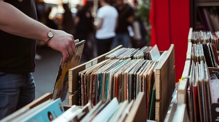 Pop-up vinyl record fair at Fête de la Musique drawing collectors and enthusiasts, showcasing a diverse range of music genres and rare finds